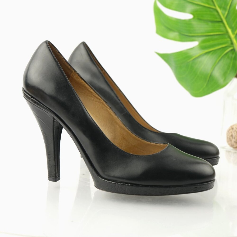Michael Kors Womens Ethel Pump Size 9.5 Black Leather High Heel Croc Dress Shoe